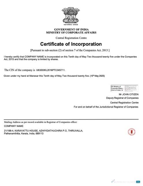 India certificate of incorporation Word and PDF template, version 3